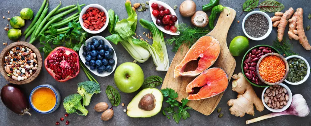 Healthy food selection: food sources of omega 3 and unsaturated fats, fruits, vegetables, seeds, superfoods with high vitamin e