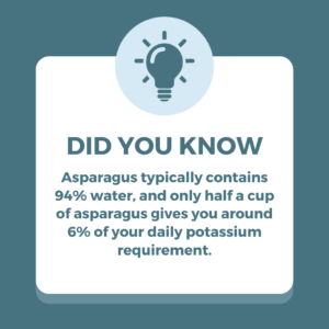 Asparagus typically contains 94% water, and only half a cup of asparagus gives you around 6% of your daily potassium requirement.